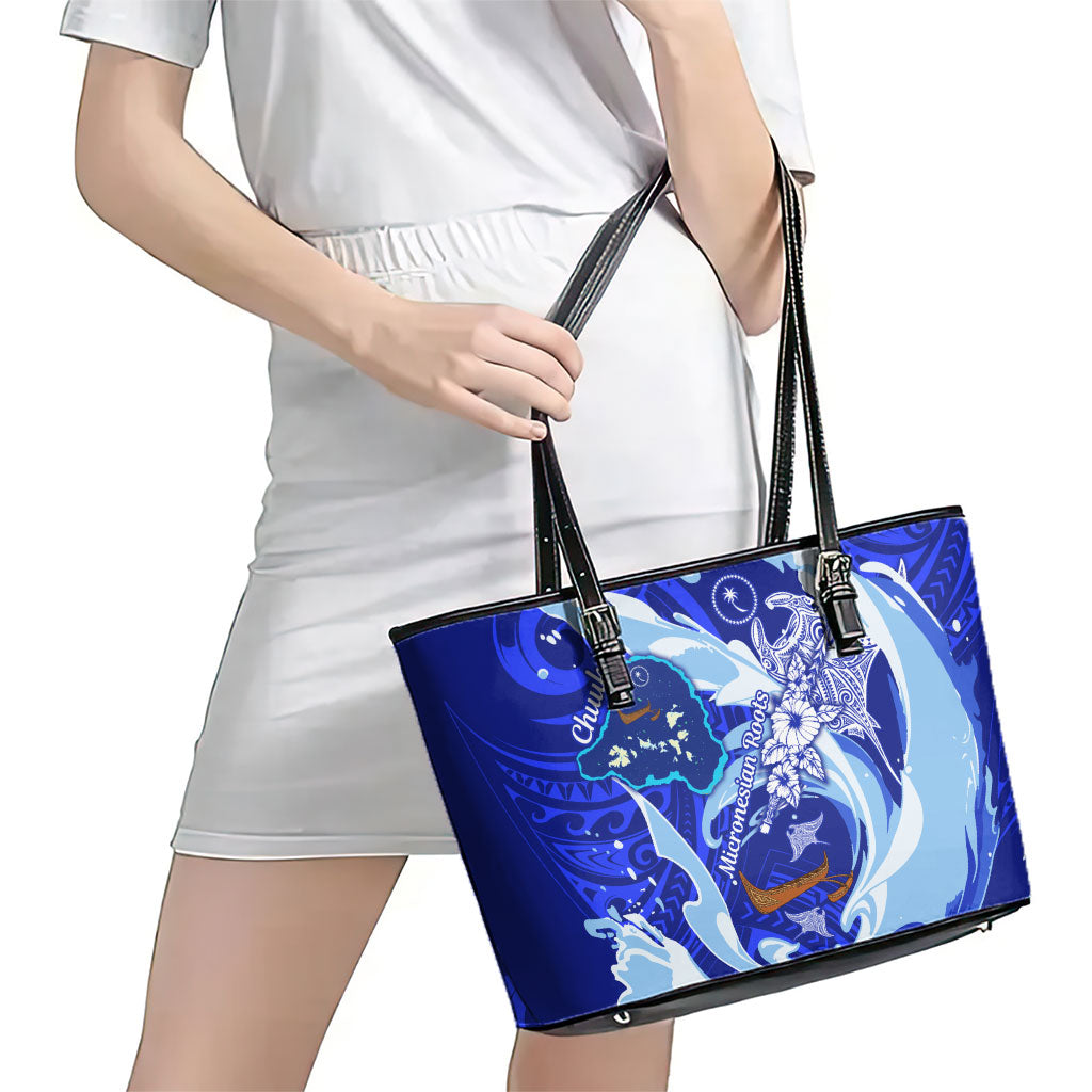 Chuuk Micronesian Roots Leather Tote Bag Polynesian Tribal Pattern Hibiscus Flower And Stingray Art TS04 - Polynesian Pride