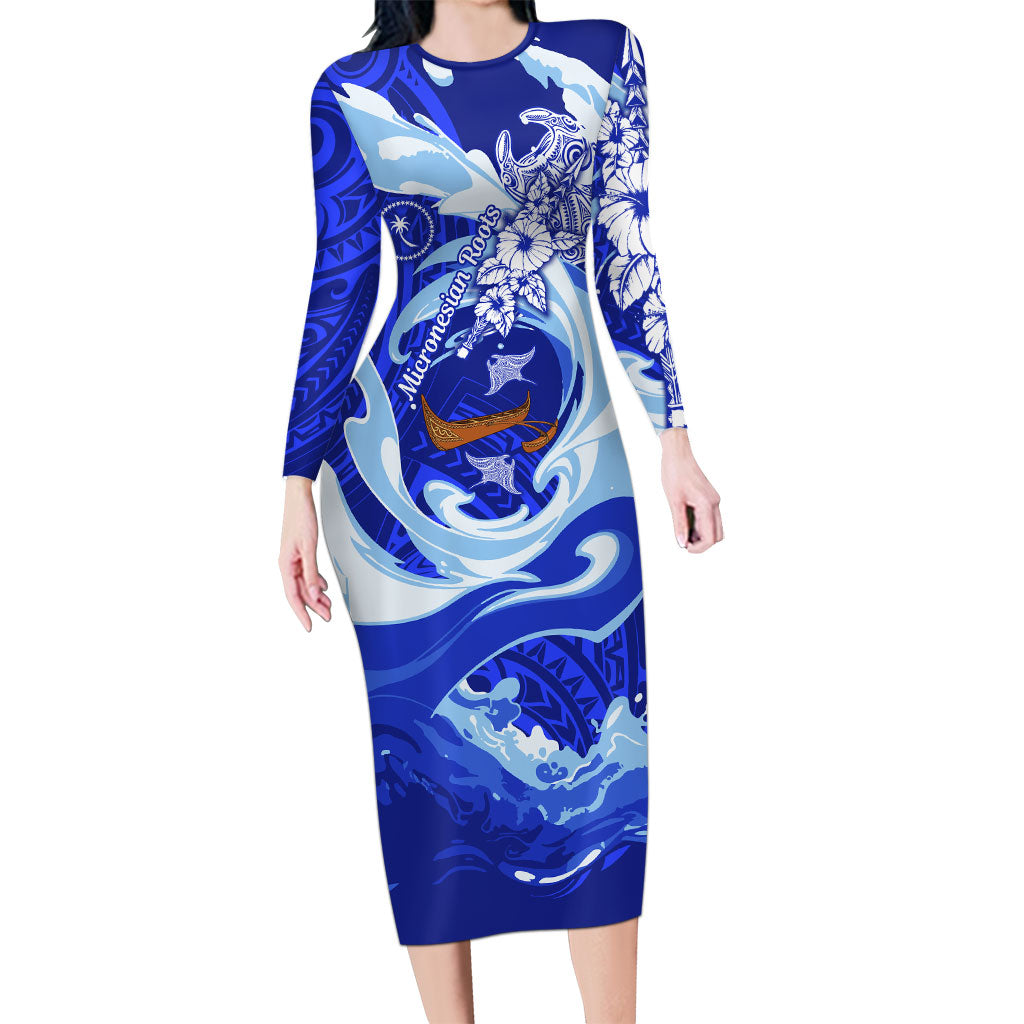 Chuuk Micronesian Roots Long Sleeve Bodycon Dress Polynesian Tribal Pattern Hibiscus Flower And Stingray Art TS04 Long Dress Blue White - Polynesian Pride