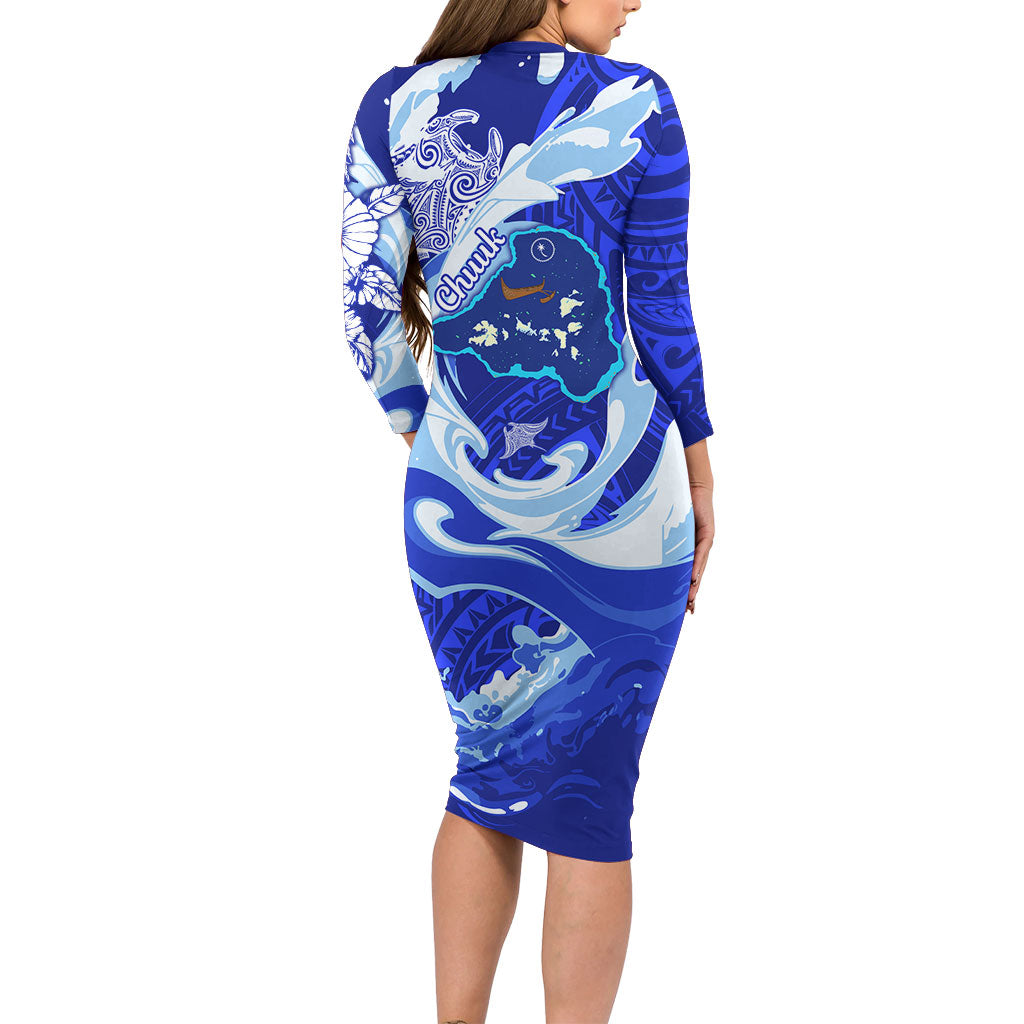 Chuuk Micronesian Roots Long Sleeve Bodycon Dress Polynesian Tribal Pattern Hibiscus Flower And Stingray Art TS04 - Polynesian Pride