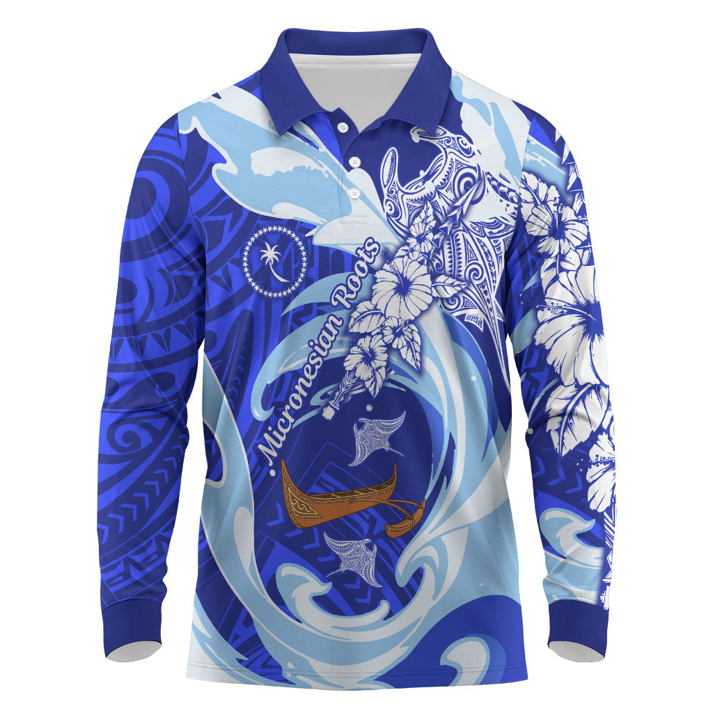 Chuuk Micronesian Roots Long Sleeve Polo Shirt Polynesian Tribal Pattern Hibiscus Flower And Stingray Art TS04 Blue White - Polynesian Pride