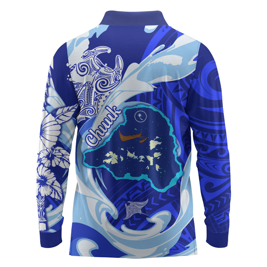Chuuk Micronesian Roots Long Sleeve Polo Shirt Polynesian Tribal Pattern Hibiscus Flower And Stingray Art TS04 - Polynesian Pride