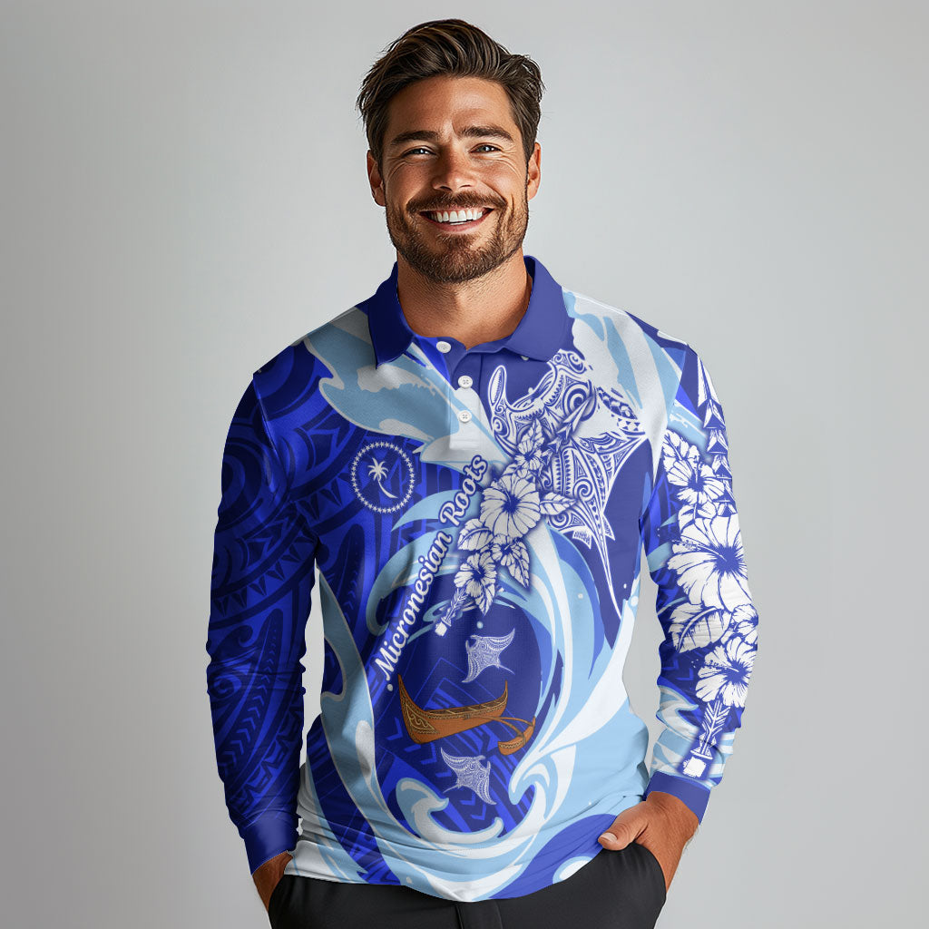 Chuuk Micronesian Roots Long Sleeve Polo Shirt Polynesian Tribal Pattern Hibiscus Flower And Stingray Art TS04 - Polynesian Pride