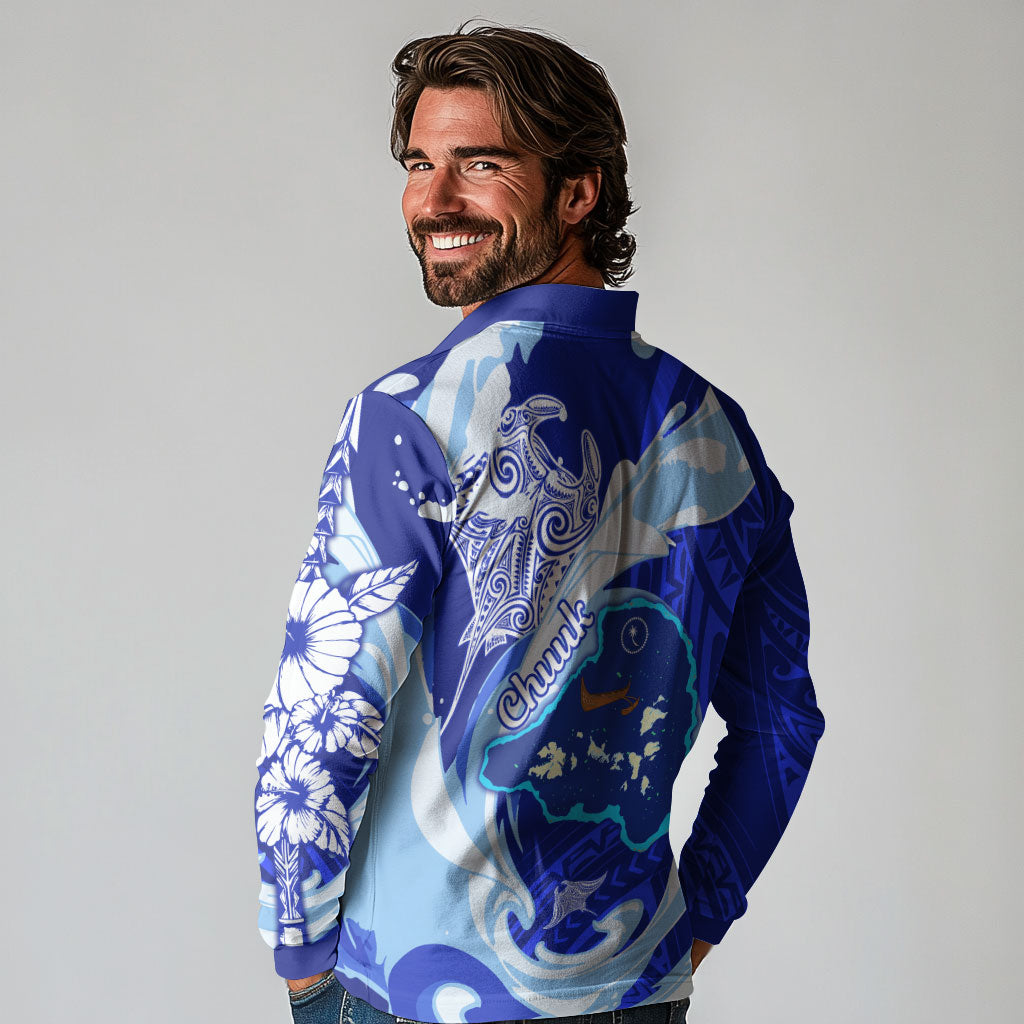 Chuuk Micronesian Roots Long Sleeve Polo Shirt Polynesian Tribal Pattern Hibiscus Flower And Stingray Art TS04 - Polynesian Pride