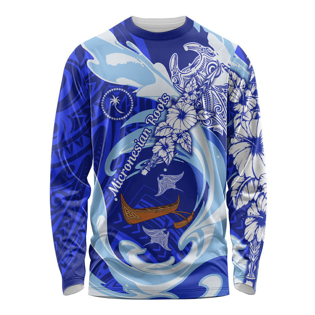 Chuuk Micronesian Roots Long Sleeve Shirt Polynesian Tribal Pattern Hibiscus Flower And Stingray Art TS04 Unisex Blue White - Polynesian Pride