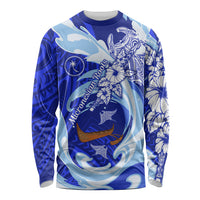 Chuuk Micronesian Roots Long Sleeve Shirt Polynesian Tribal Pattern Hibiscus Flower And Stingray Art TS04 Unisex Blue White - Polynesian Pride