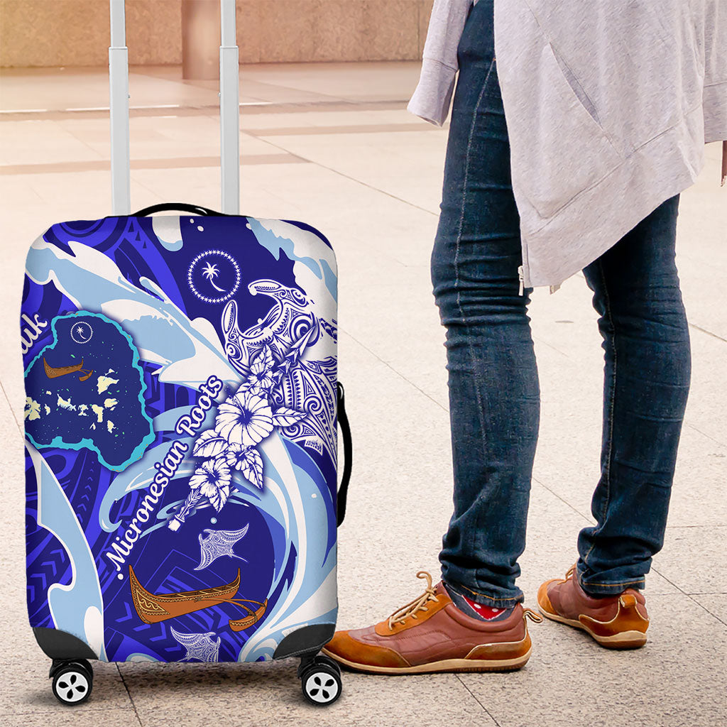 Chuuk Micronesian Roots Luggage Cover Polynesian Tribal Pattern Hibiscus Flower And Stingray Art TS04 Blue White - Polynesian Pride