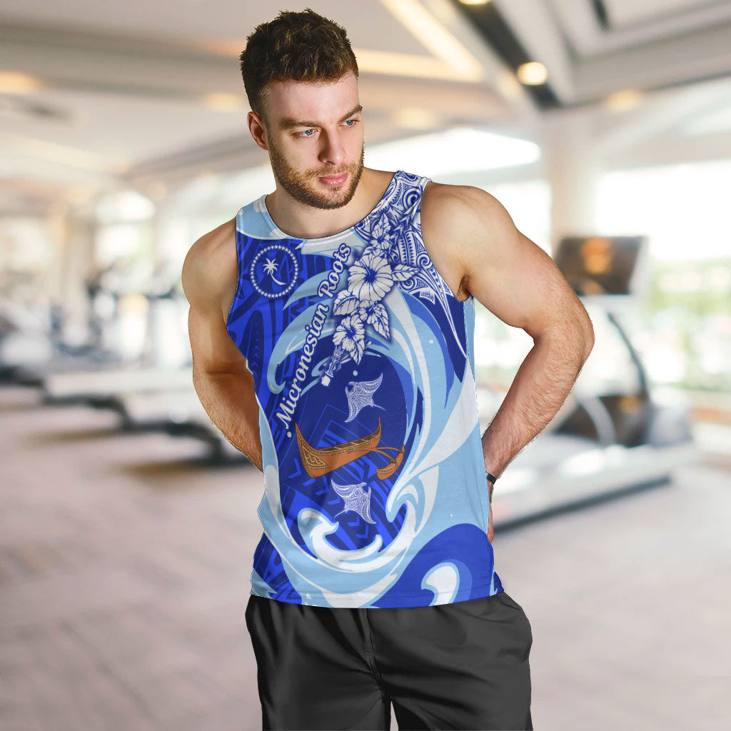 Chuuk Micronesian Roots Men Tank Top Polynesian Tribal Pattern Hibiscus Flower And Stingray Art TS04 Blue White - Polynesian Pride