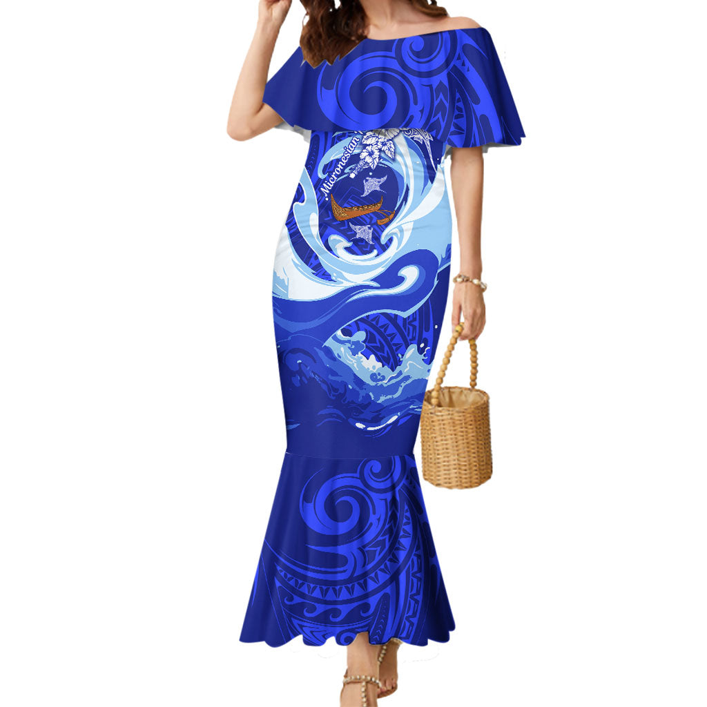 Chuuk Micronesian Roots Mermaid Dress Polynesian Tribal Pattern Hibiscus Flower And Stingray Art TS04 Women Blue White - Polynesian Pride