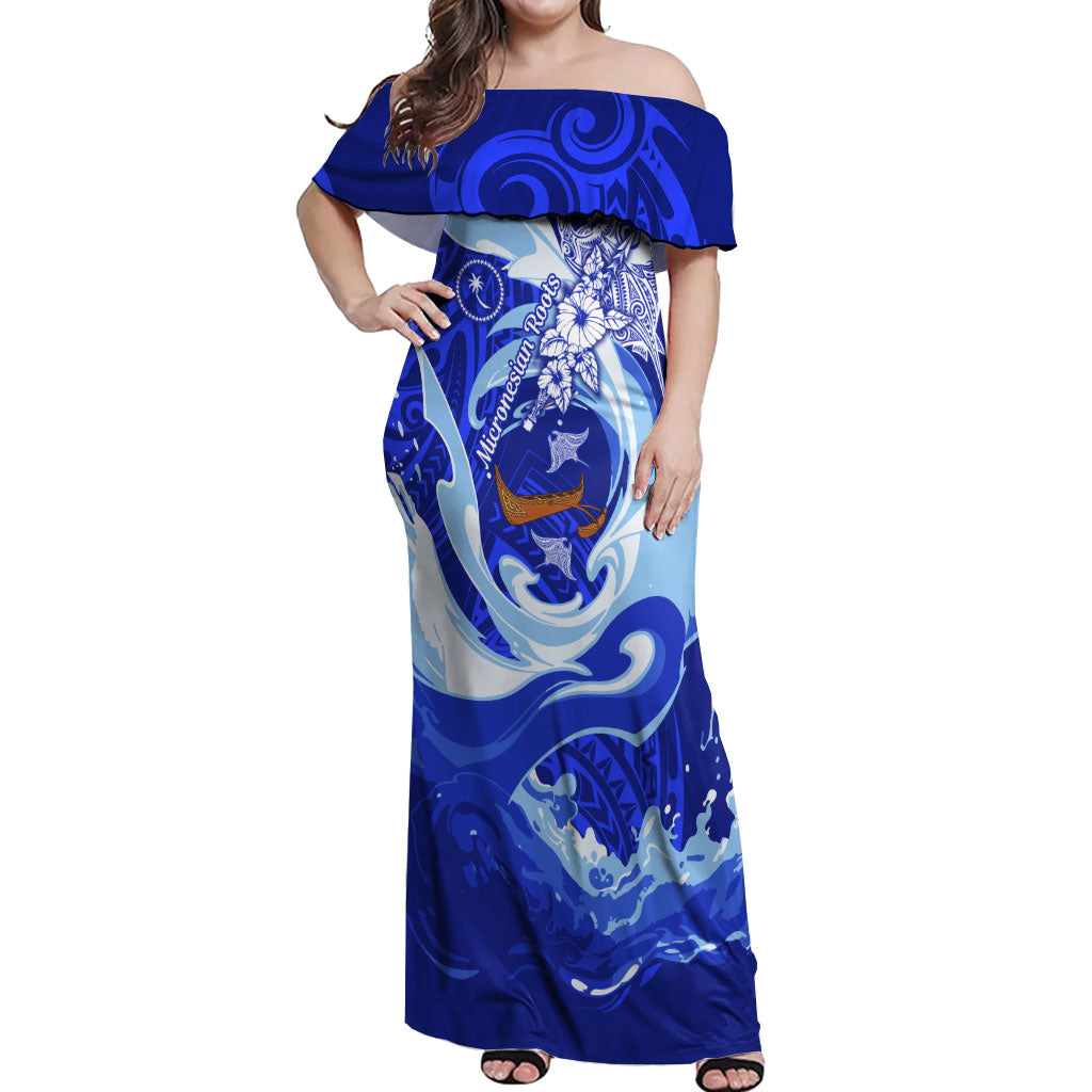 Chuuk Micronesian Roots Off Shoulder Maxi Dress Polynesian Tribal Pattern Hibiscus Flower And Stingray Art TS04 Women Blue White - Polynesian Pride