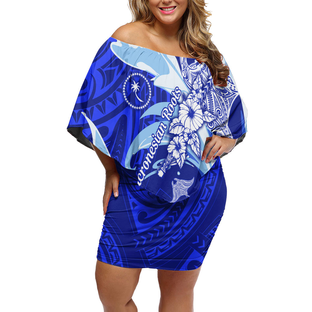Chuuk Micronesian Roots Off Shoulder Short Dress Polynesian Tribal Pattern Hibiscus Flower And Stingray Art TS04 Women Blue White - Polynesian Pride