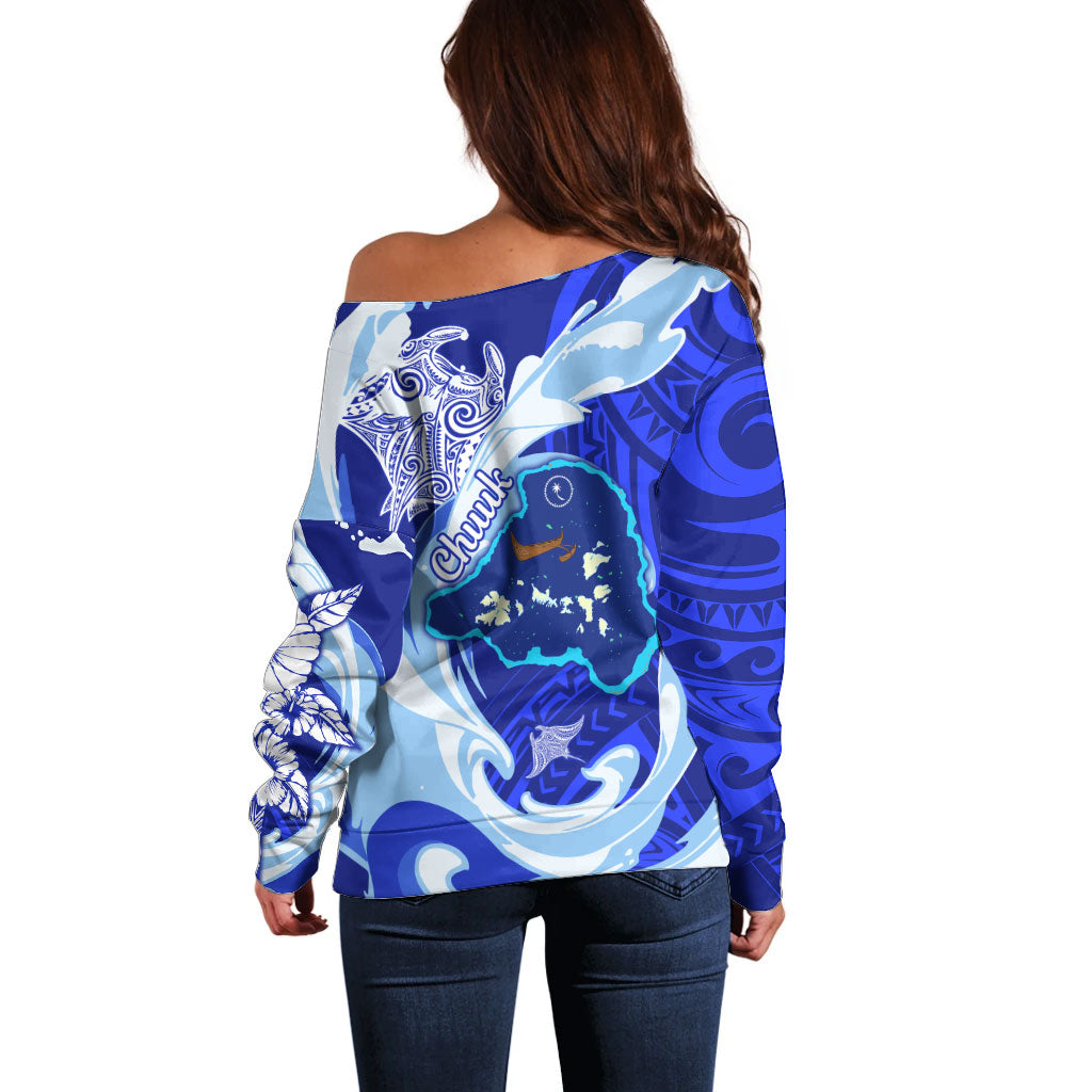 Chuuk Micronesian Roots Off Shoulder Sweater Polynesian Tribal Pattern Hibiscus Flower And Stingray Art TS04 - Polynesian Pride