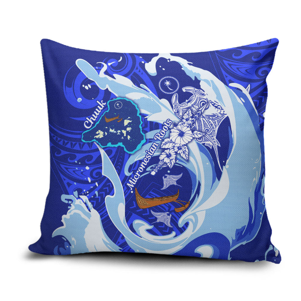 Chuuk Micronesian Roots Pillow Cover Polynesian Tribal Pattern Hibiscus Flower And Stingray Art TS04 Blue White - Polynesian Pride