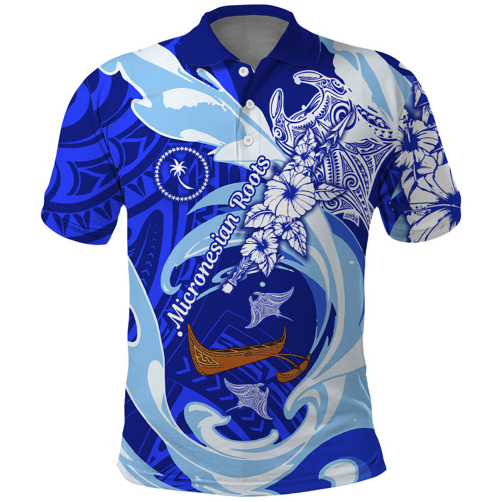 Chuuk Micronesian Roots Polo Shirt Polynesian Tribal Pattern Hibiscus Flower And Stingray Art TS04 Blue White - Polynesian Pride