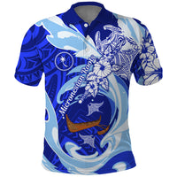 Chuuk Micronesian Roots Polo Shirt Polynesian Tribal Pattern Hibiscus Flower And Stingray Art TS04 Blue White - Polynesian Pride