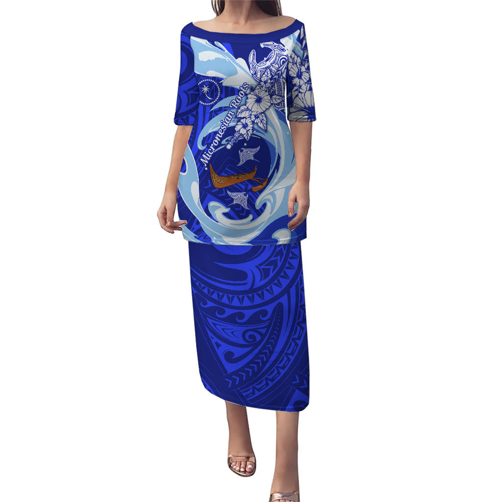 Chuuk Micronesian Roots Puletasi Polynesian Tribal Pattern Hibiscus Flower And Stingray Art TS04 Long Dress Blue White - Polynesian Pride