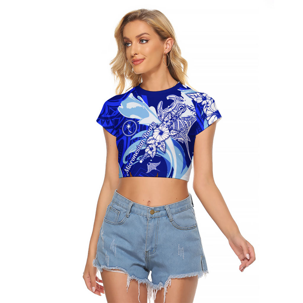Chuuk Micronesian Roots Raglan Cropped T Shirt Polynesian Tribal Pattern Hibiscus Flower And Stingray Art TS04 Female Blue White - Polynesian Pride