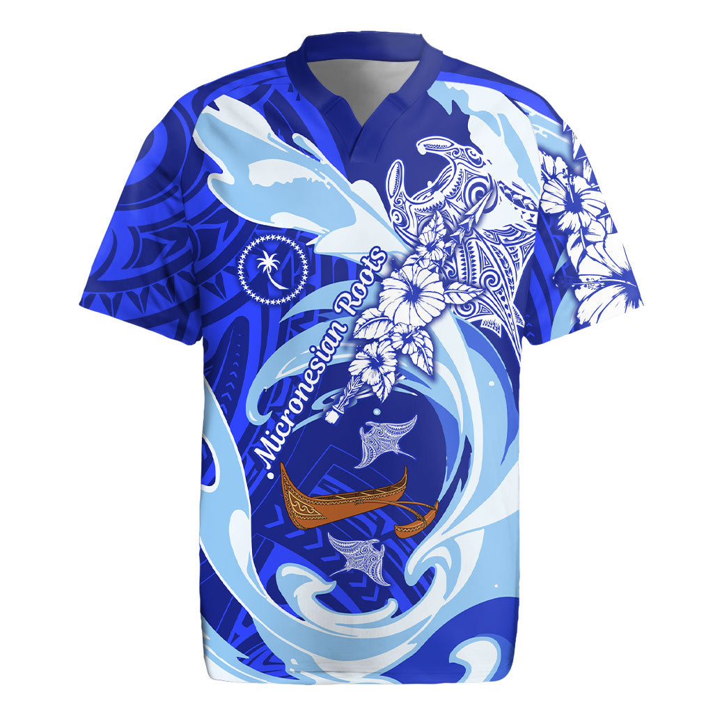 Chuuk Micronesian Roots Rugby Jersey Polynesian Tribal Pattern Hibiscus Flower And Stingray Art TS04 Blue White - Polynesian Pride