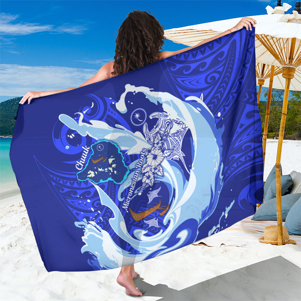 Chuuk Micronesian Roots Sarong Polynesian Tribal Pattern Hibiscus Flower And Stingray Art TS04 One Size 44 x 66 inches Blue White - Polynesian Pride
