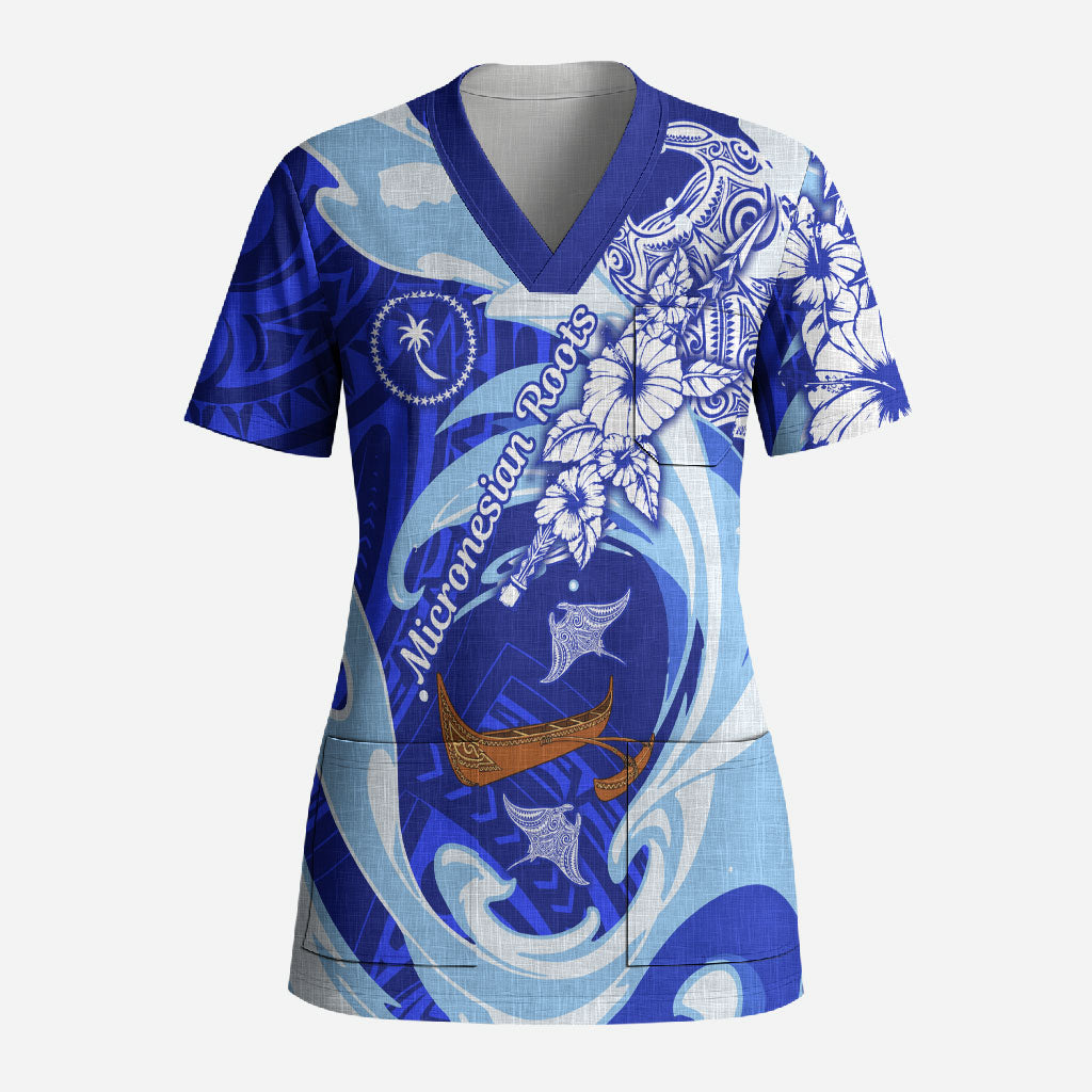 Chuuk Micronesian Roots Scrub Top Polynesian Tribal Pattern Hibiscus Flower And Stingray Art