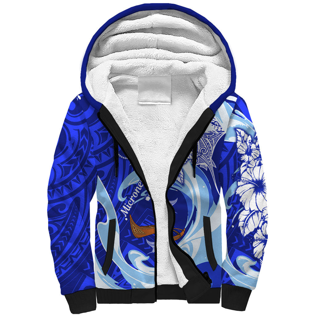 Chuuk Micronesian Roots Sherpa Hoodie Polynesian Tribal Pattern Hibiscus Flower And Stingray Art TS04 Unisex Blue White - Polynesian Pride