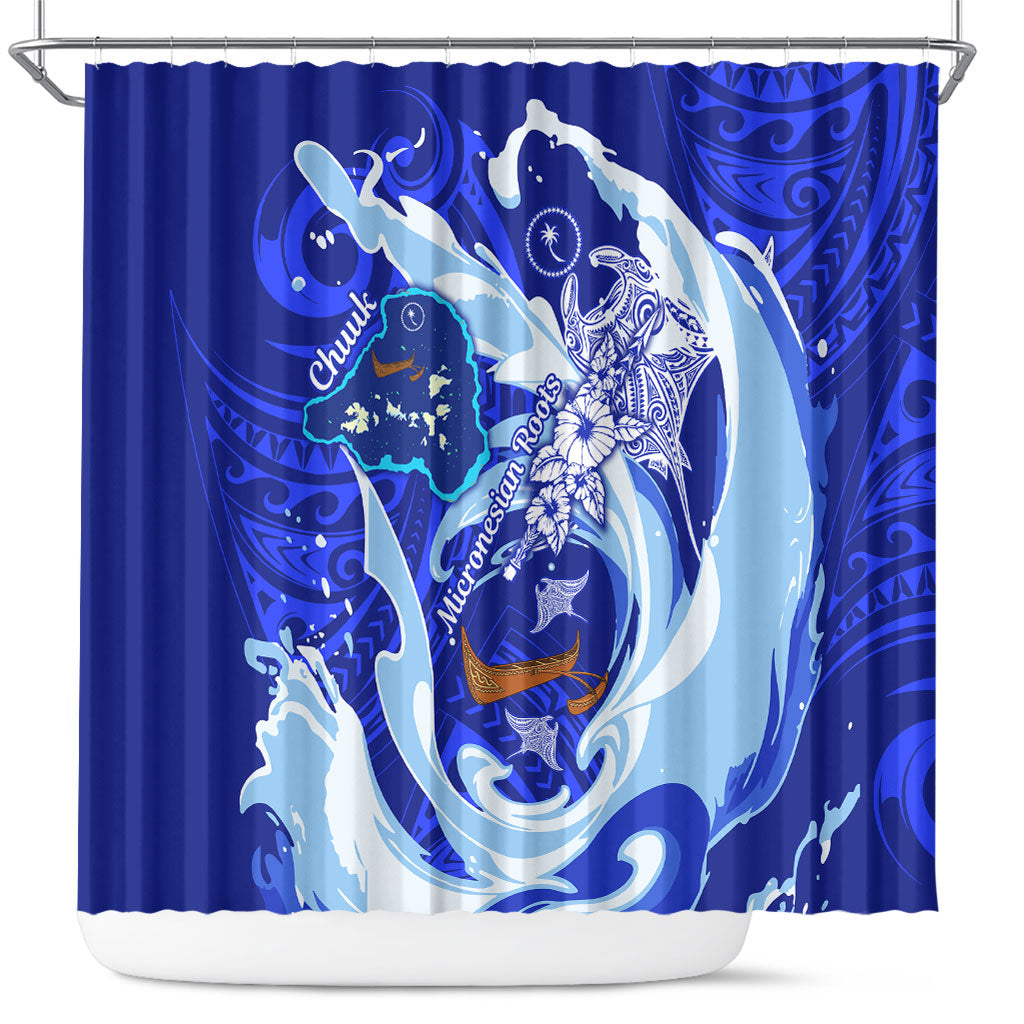 Chuuk Micronesian Roots Shower Curtain Polynesian Tribal Pattern Hibiscus Flower And Stingray Art TS04 Blue White - Polynesian Pride