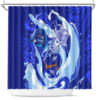 Chuuk Micronesian Roots Shower Curtain Polynesian Tribal Pattern Hibiscus Flower And Stingray Art TS04 Blue White - Polynesian Pride