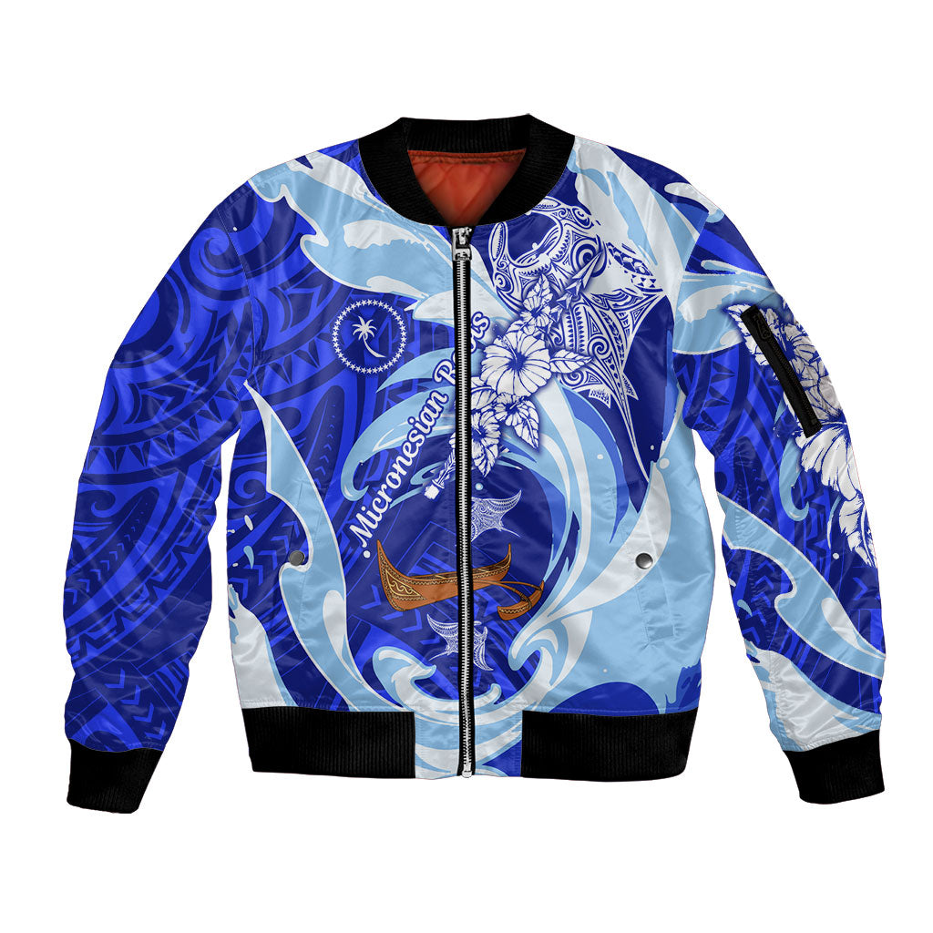 Chuuk Micronesian Roots Sleeve Zip Bomber Jacket Polynesian Tribal Pattern Hibiscus Flower And Stingray Art TS04 Unisex Blue White - Polynesian Pride