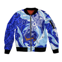 Chuuk Micronesian Roots Sleeve Zip Bomber Jacket Polynesian Tribal Pattern Hibiscus Flower And Stingray Art TS04 Unisex Blue White - Polynesian Pride