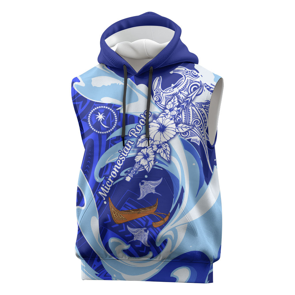 Chuuk Micronesian Roots Sleeveless Hoodie Polynesian Tribal Pattern Hibiscus Flower And Stingray Art TS04 Blue White - Polynesian Pride