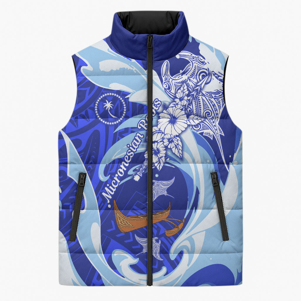 Chuuk Micronesian Roots Sleeveless Puffer Jacket Polynesian Tribal Pattern Hibiscus Flower And Stingray Art TS04 Unisex Blue White - Polynesian Pride