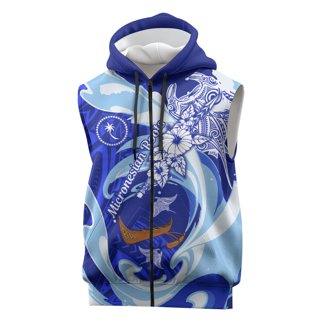Chuuk Micronesian Roots Sleeveless Zip Hoodie Polynesian Tribal Pattern Hibiscus Flower And Stingray Art TS04 Blue White - Polynesian Pride