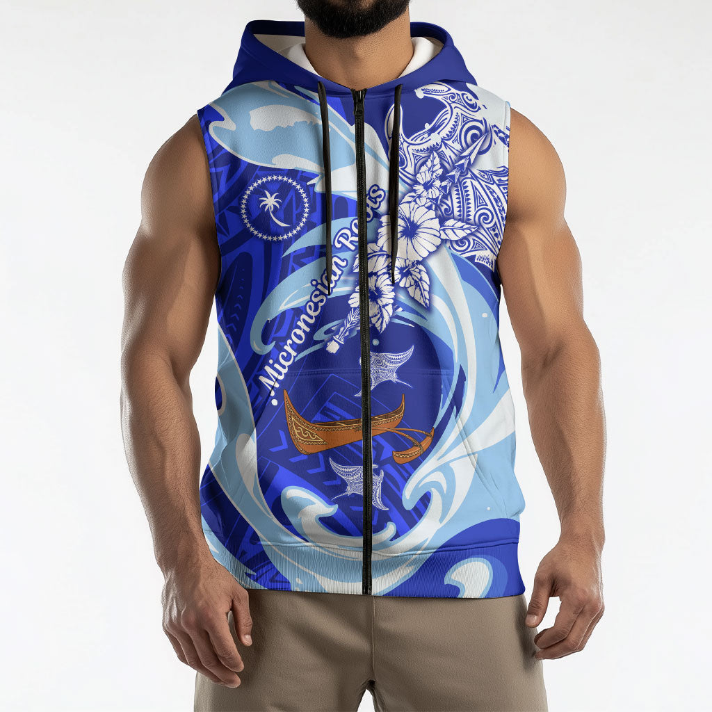 Chuuk Micronesian Roots Sleeveless Zip Hoodie Polynesian Tribal Pattern Hibiscus Flower And Stingray Art TS04 - Polynesian Pride