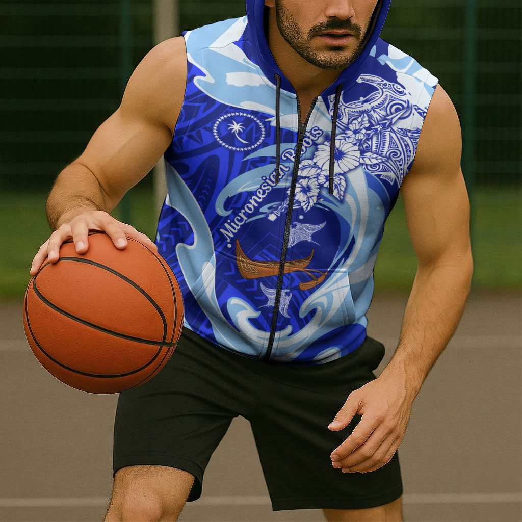 Chuuk Micronesian Roots Sleeveless Zip Hoodie Polynesian Tribal Pattern Hibiscus Flower And Stingray Art TS04 - Polynesian Pride