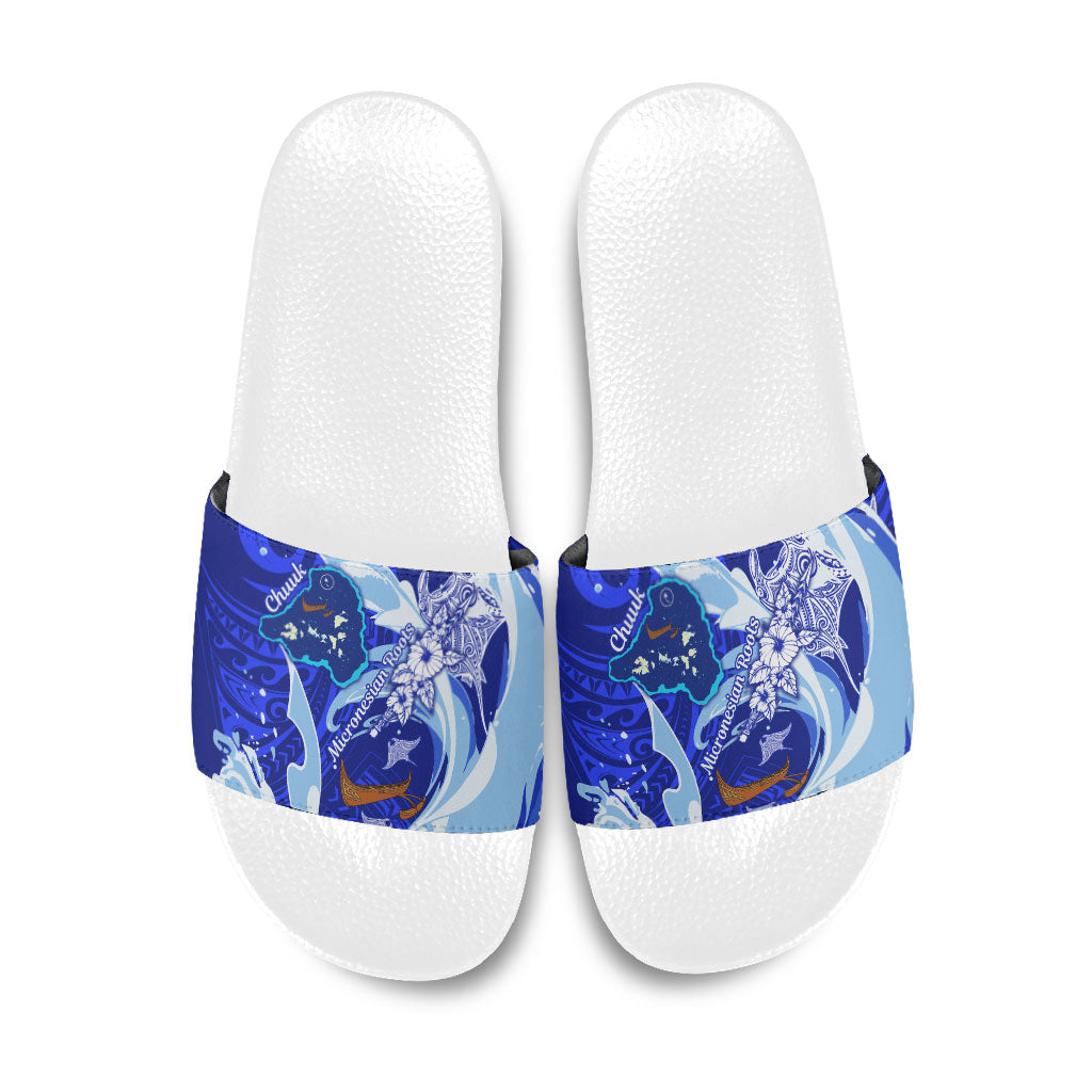 Chuuk Micronesian Roots Slide Sandals Polynesian Tribal Pattern Hibiscus Flower And Stingray Art TS04 Blue White - Polynesian Pride