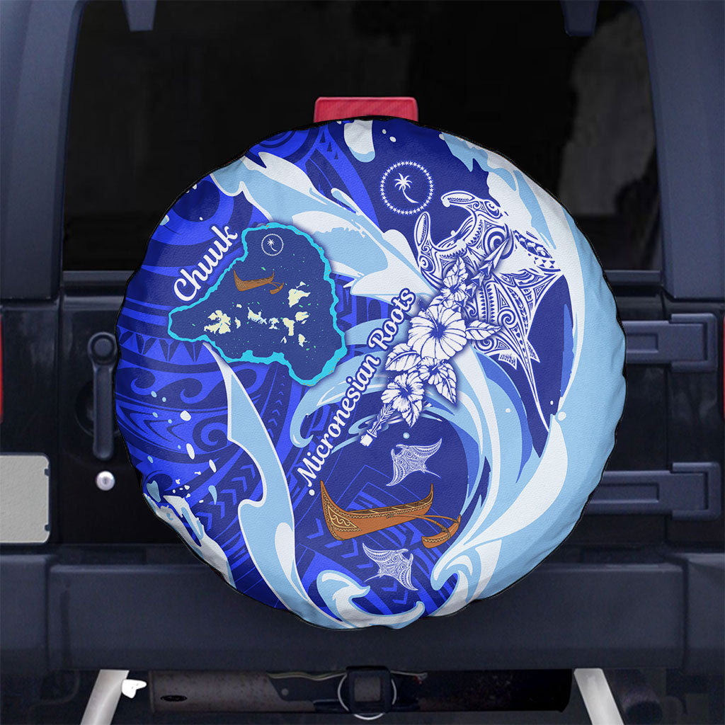 Chuuk Micronesian Roots Spare Tire Cover Polynesian Tribal Pattern Hibiscus Flower And Stingray Art TS04 No hole Blue White - Polynesian Pride