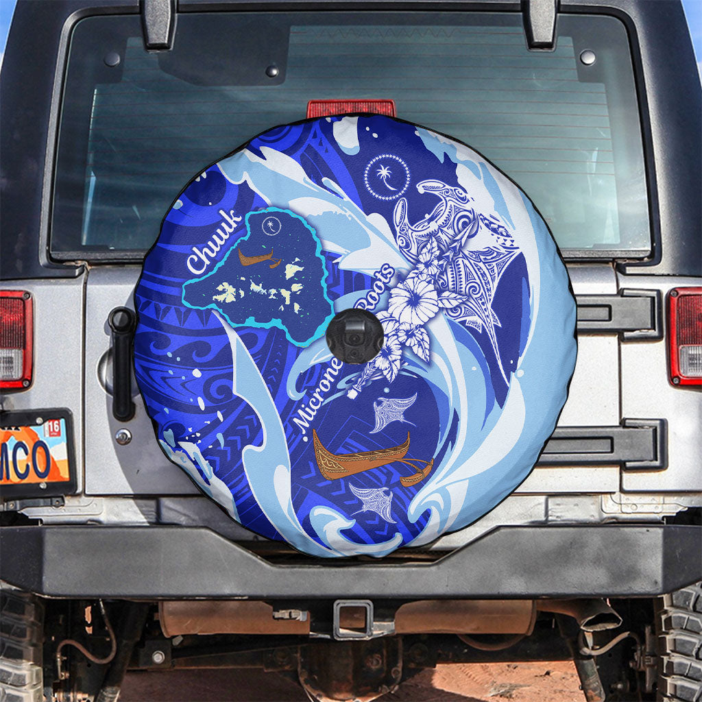 Chuuk Micronesian Roots Spare Tire Cover Polynesian Tribal Pattern Hibiscus Flower And Stingray Art TS04 Blue White - Polynesian Pride