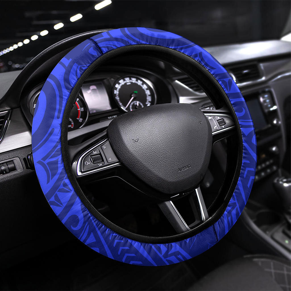 Chuuk Micronesian Roots Steering Wheel Cover Polynesian Tribal Pattern Hibiscus Flower And Stingray Art TS04 Universal Fit Blue White - Polynesian Pride