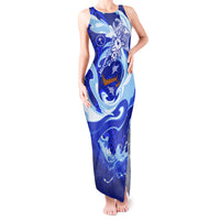 Chuuk Micronesian Roots Tank Maxi Dress Polynesian Tribal Pattern Hibiscus Flower And Stingray Art TS04 Women Blue White - Polynesian Pride