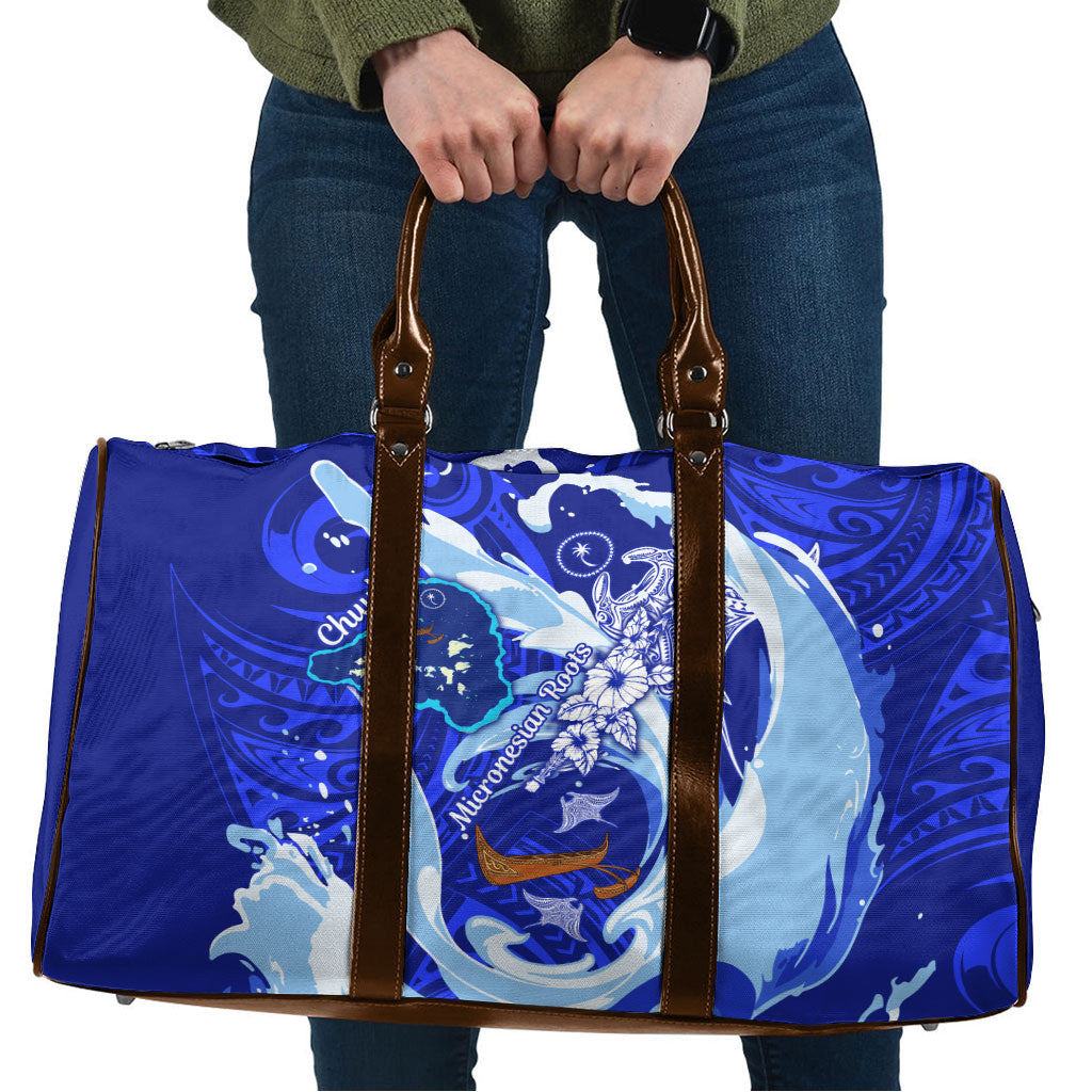 Chuuk Micronesian Roots Travel Bag Polynesian Tribal Pattern Hibiscus Flower And Stingray Art TS04 Blue White - Polynesian Pride