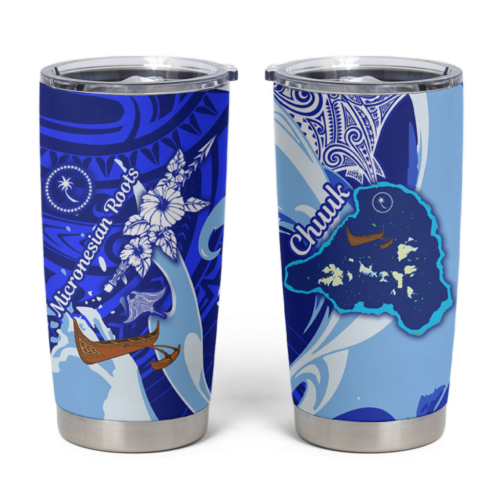 Chuuk Micronesian Roots Tumbler Cup Polynesian Tribal Pattern Hibiscus Flower And Stingray Art TS04 Blue White - Polynesian Pride