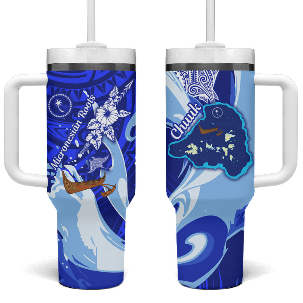 Chuuk Micronesian Roots Tumbler With Handle Polynesian Tribal Pattern Hibiscus Flower And Stingray Art TS04 One Size: 40 oz Blue White - Polynesian Pride