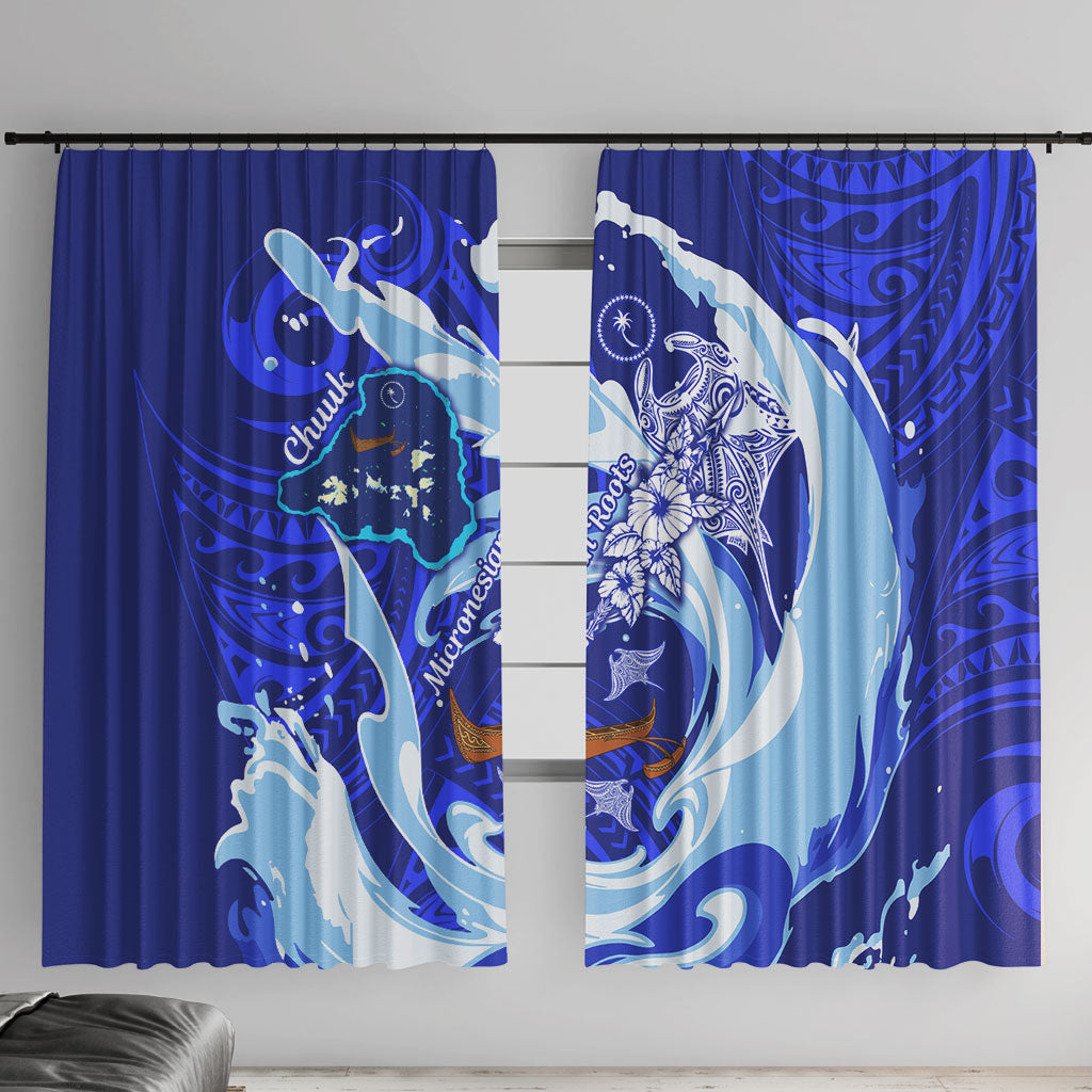 Chuuk Micronesian Roots Window Curtain Polynesian Tribal Pattern Hibiscus Flower And Stingray Art TS04 With Hooks Blue White - Polynesian Pride