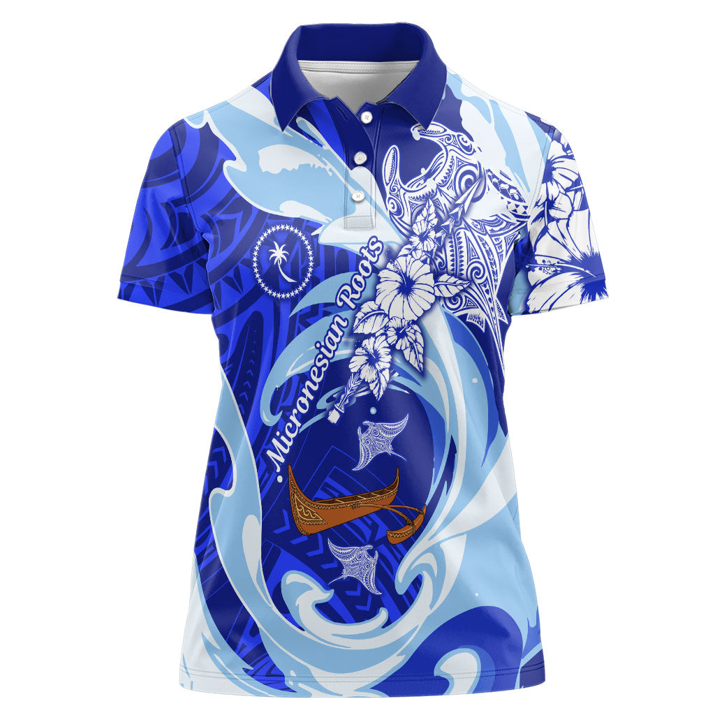 Chuuk Micronesian Roots Women Polo Shirt Polynesian Tribal Pattern Hibiscus Flower And Stingray Art TS04 Female Blue White - Polynesian Pride