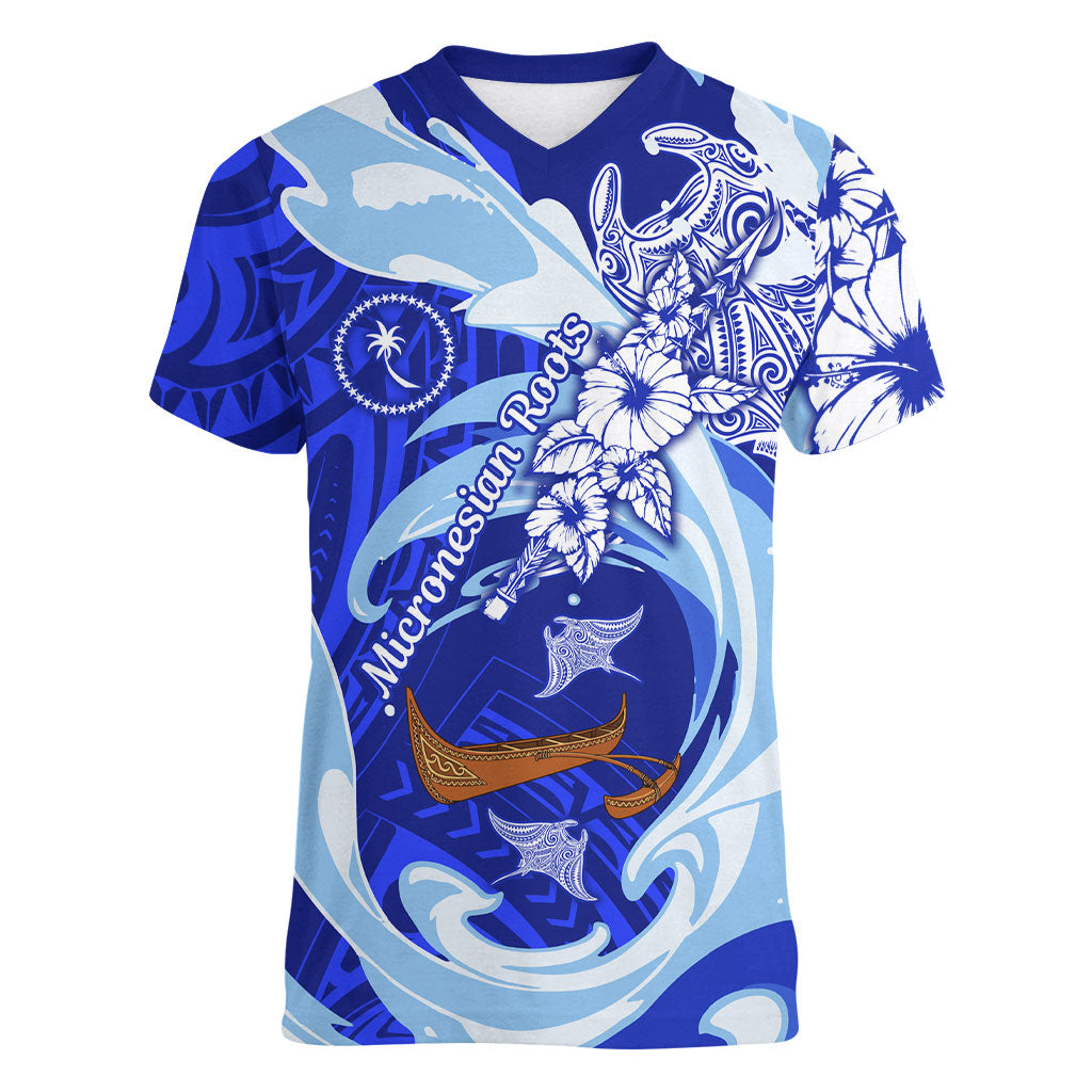 Chuuk Micronesian Roots Women V-Neck T-Shirt Polynesian Tribal Pattern Hibiscus Flower And Stingray Art TS04 Female Blue White - Polynesian Pride
