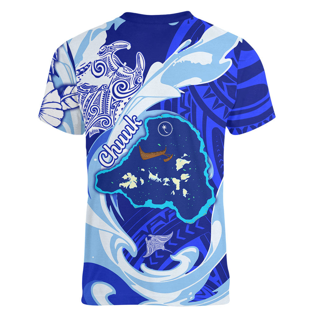 Chuuk Micronesian Roots Women V-Neck T-Shirt Polynesian Tribal Pattern Hibiscus Flower And Stingray Art TS04 - Polynesian Pride