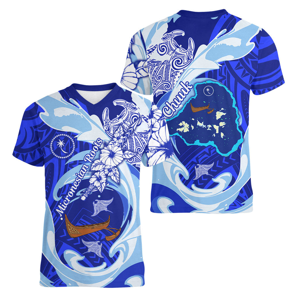 Chuuk Micronesian Roots Women V-Neck T-Shirt Polynesian Tribal Pattern Hibiscus Flower And Stingray Art TS04 - Polynesian Pride