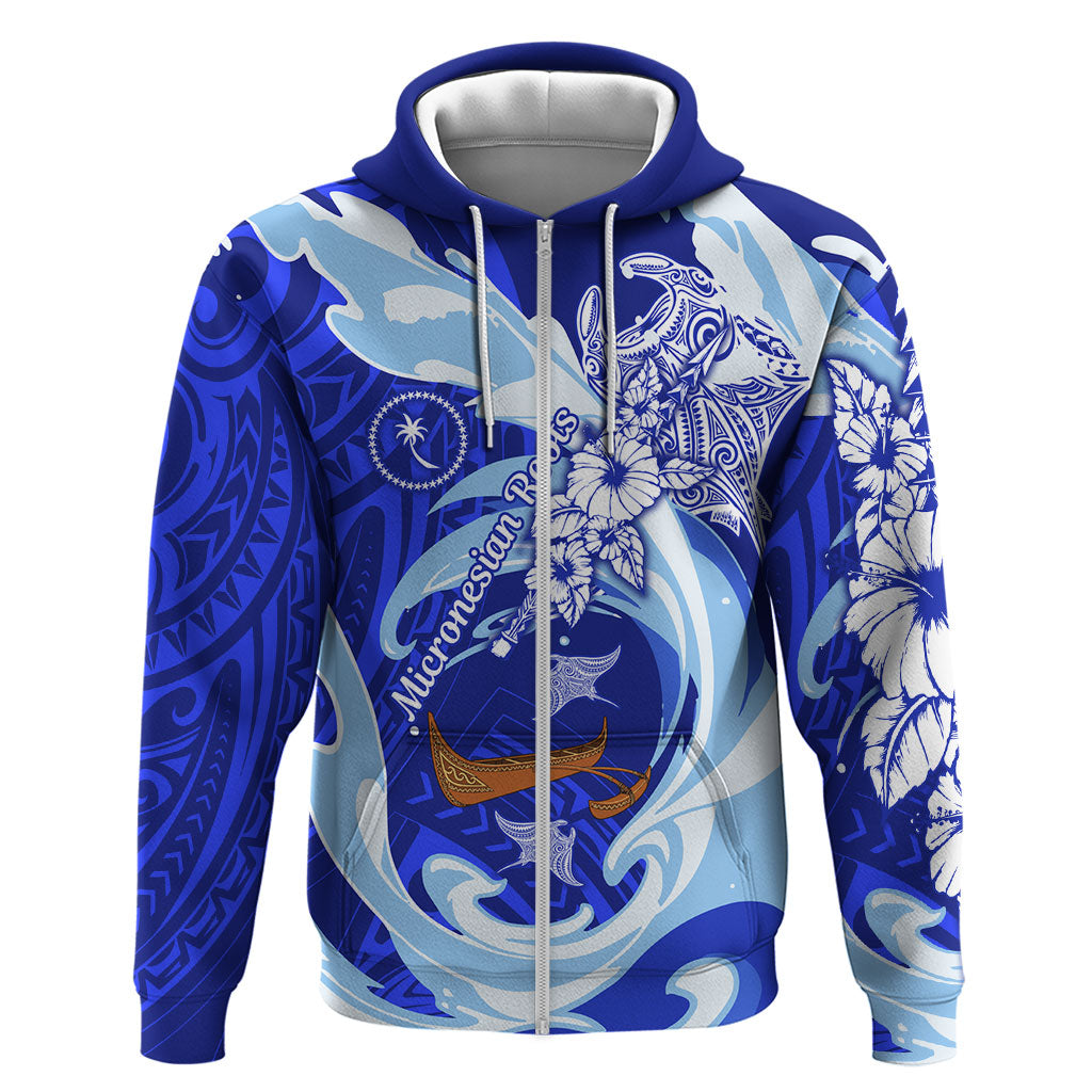 Chuuk Micronesian Roots Zip Hoodie Polynesian Tribal Pattern Hibiscus Flower And Stingray Art TS04 Zip Hoodie Blue White - Polynesian Pride