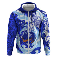 Chuuk Micronesian Roots Zip Hoodie Polynesian Tribal Pattern Hibiscus Flower And Stingray Art TS04 Zip Hoodie Blue White - Polynesian Pride