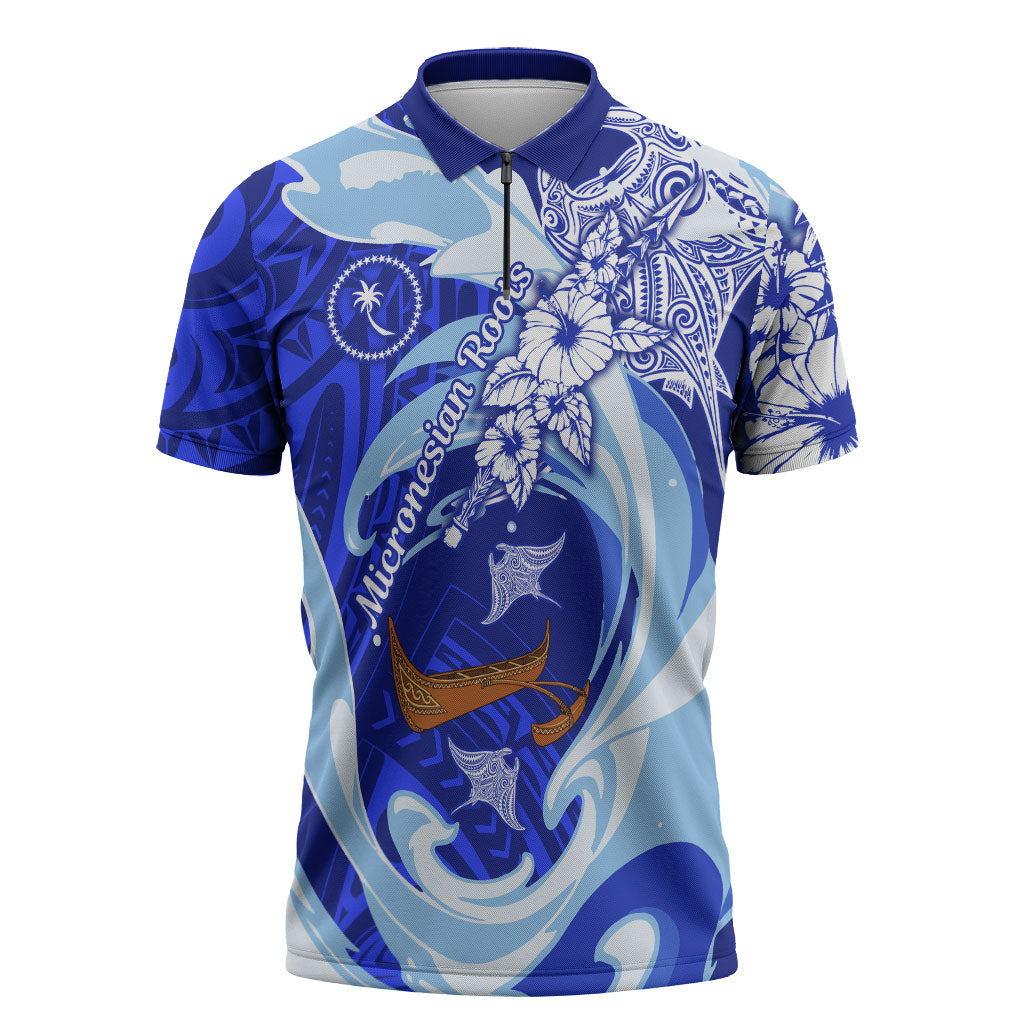 Chuuk Micronesian Roots Zipper Polo Shirt Polynesian Tribal Pattern Hibiscus Flower And Stingray Art TS04 Blue White - Polynesian Pride