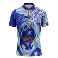 Chuuk Micronesian Roots Zipper Polo Shirt Polynesian Tribal Pattern Hibiscus Flower And Stingray Art TS04 Blue White - Polynesian Pride